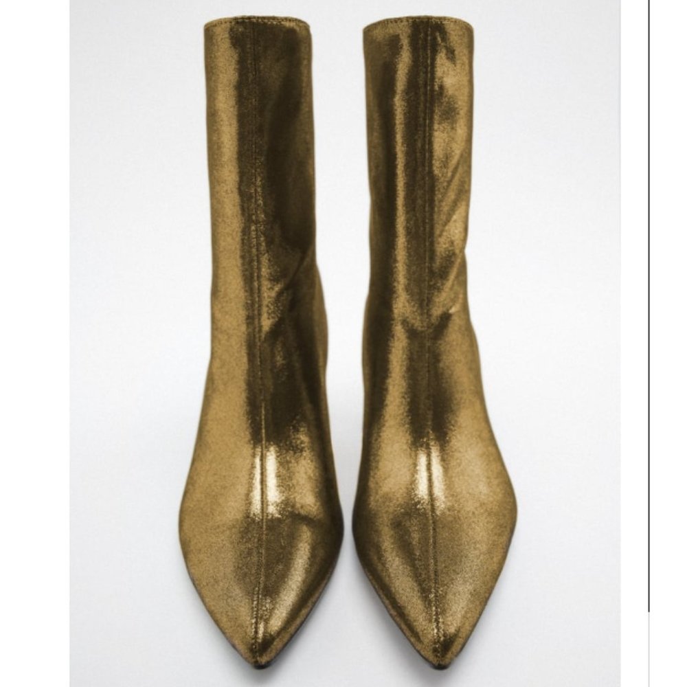 Zara Gold Metallic Thin Heel Ankle Boots - NWT - Picture 2 of 8